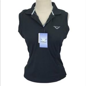 Sleeveless blue tuff rider polo.
